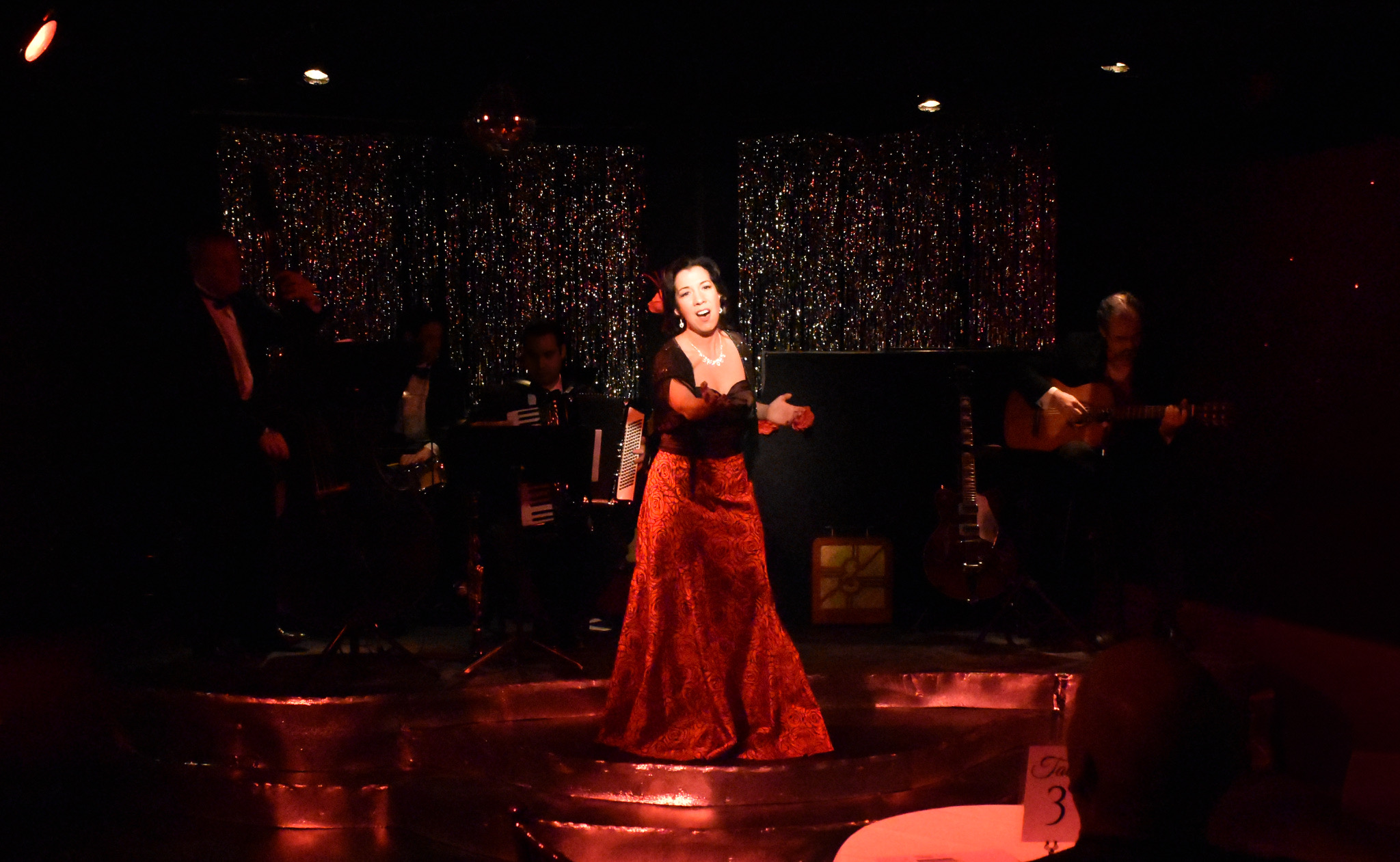 A woman in a red dress performing on stage under spotlight.