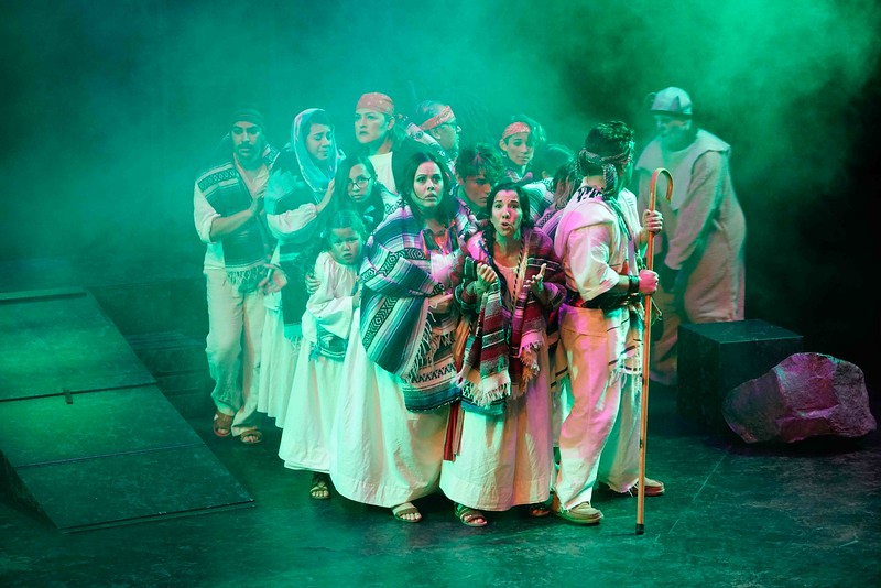A group of people in colorful costumes pose together on a foggy stage.