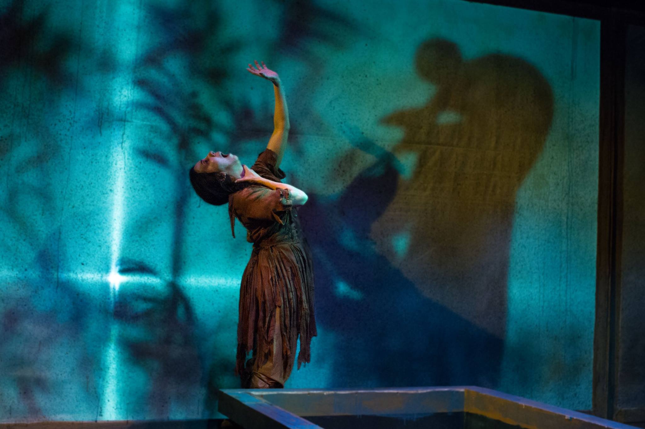 Dancer gracefully arching back on stage with dramatic shadow behind.
