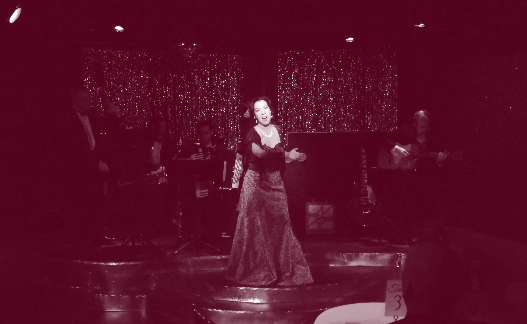 A woman singing on stage in an elegant gown with musicians behind her.
