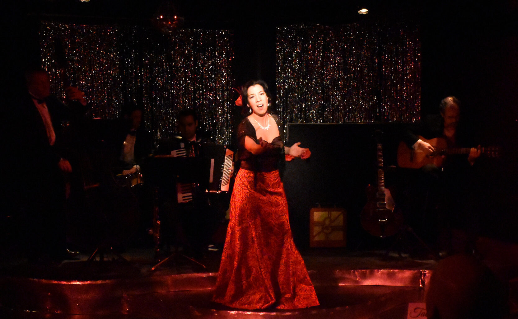 A flamenco dancer performs passionately on stage in a red dress.