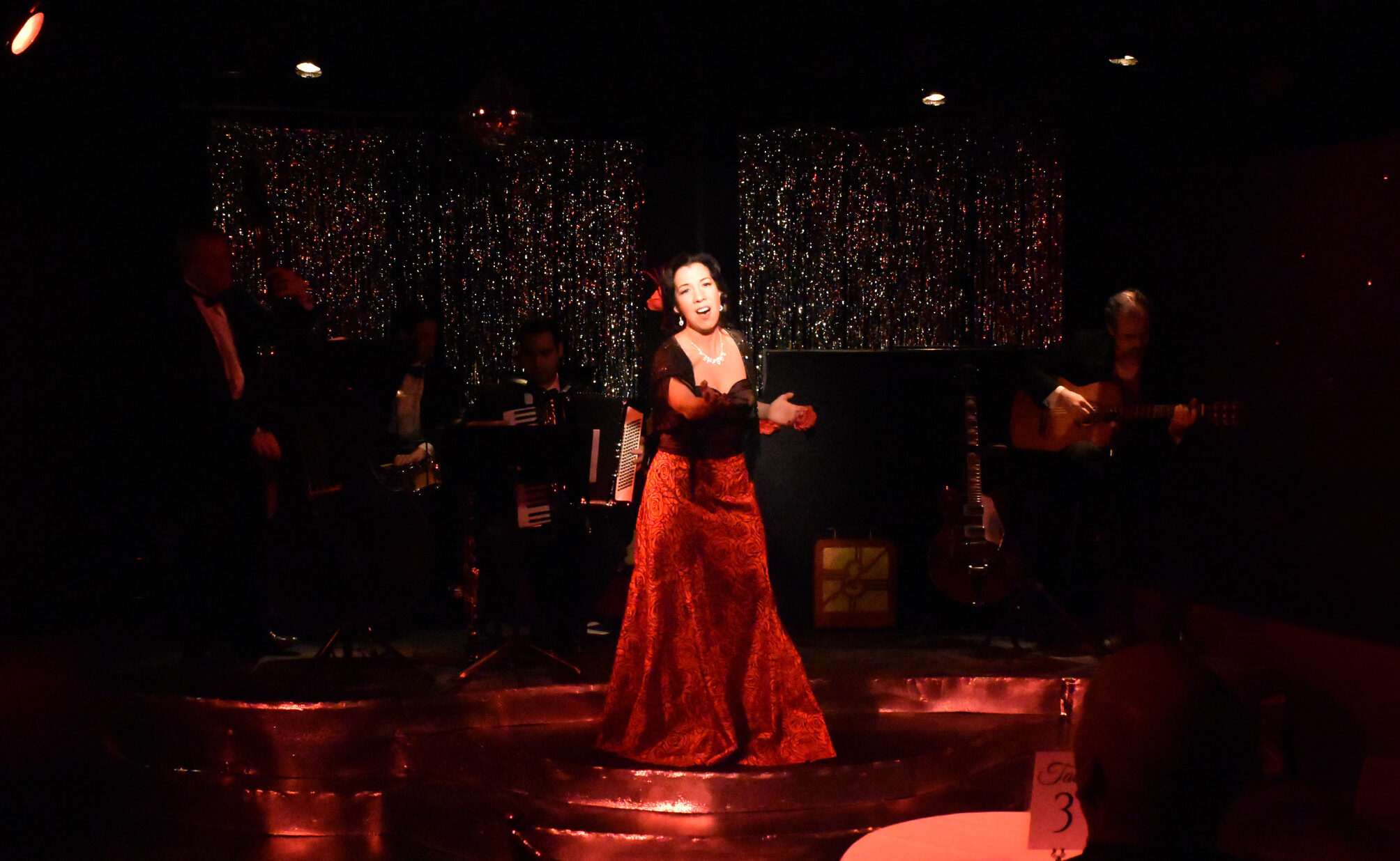 A woman passionately singing on stage in a red gown under dim lighting.