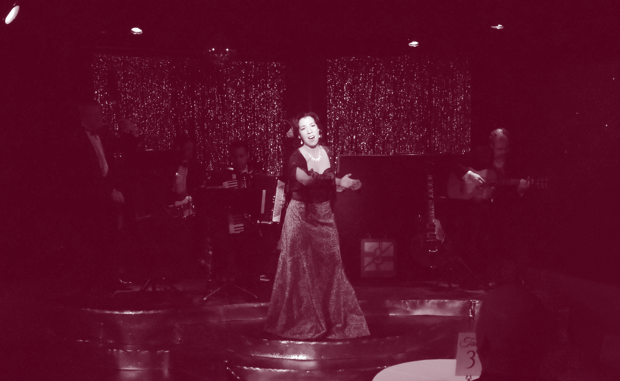A woman in a long dress sings on stage with musicians behind her.