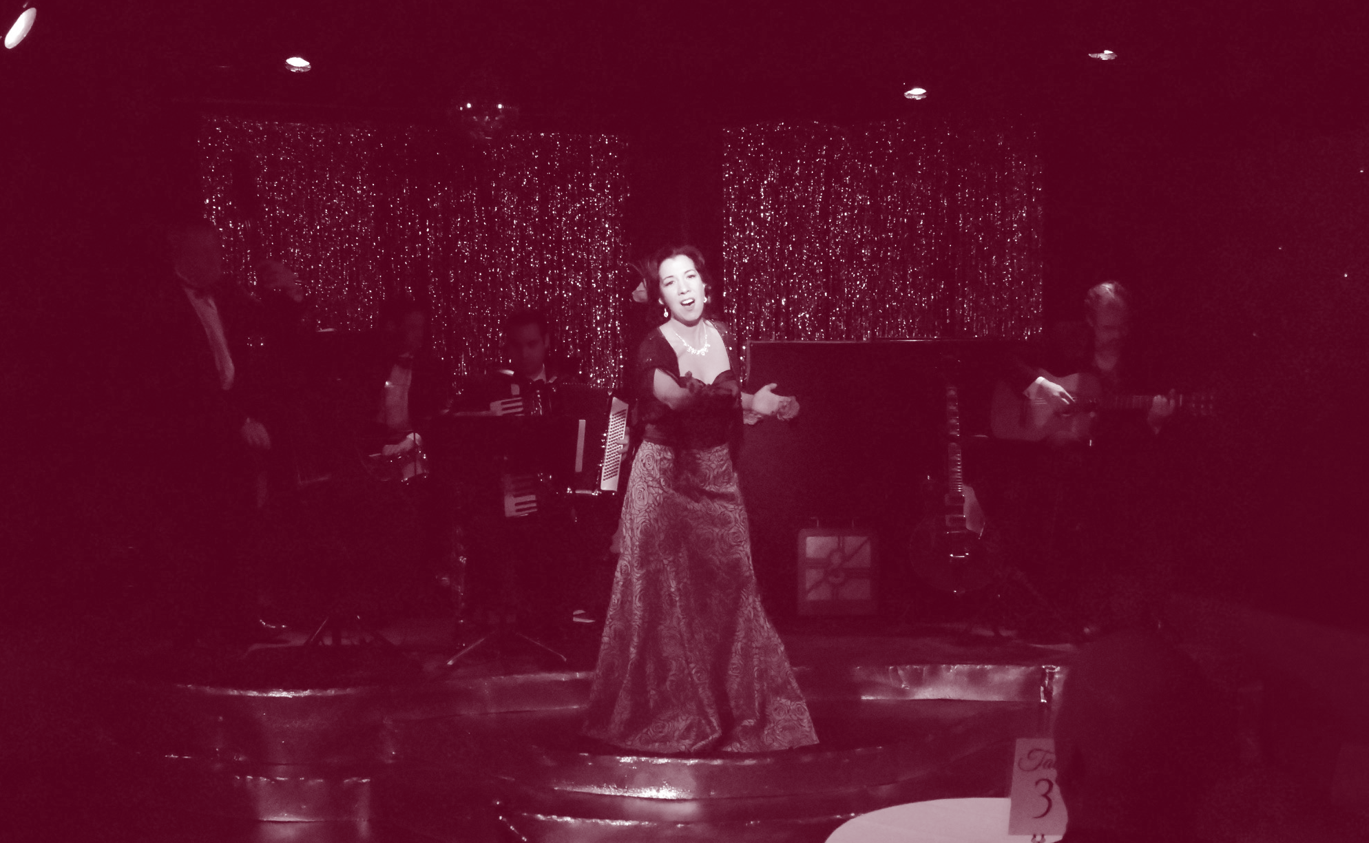 A woman sings passionately on stage in a formal gown under soft red lighting.