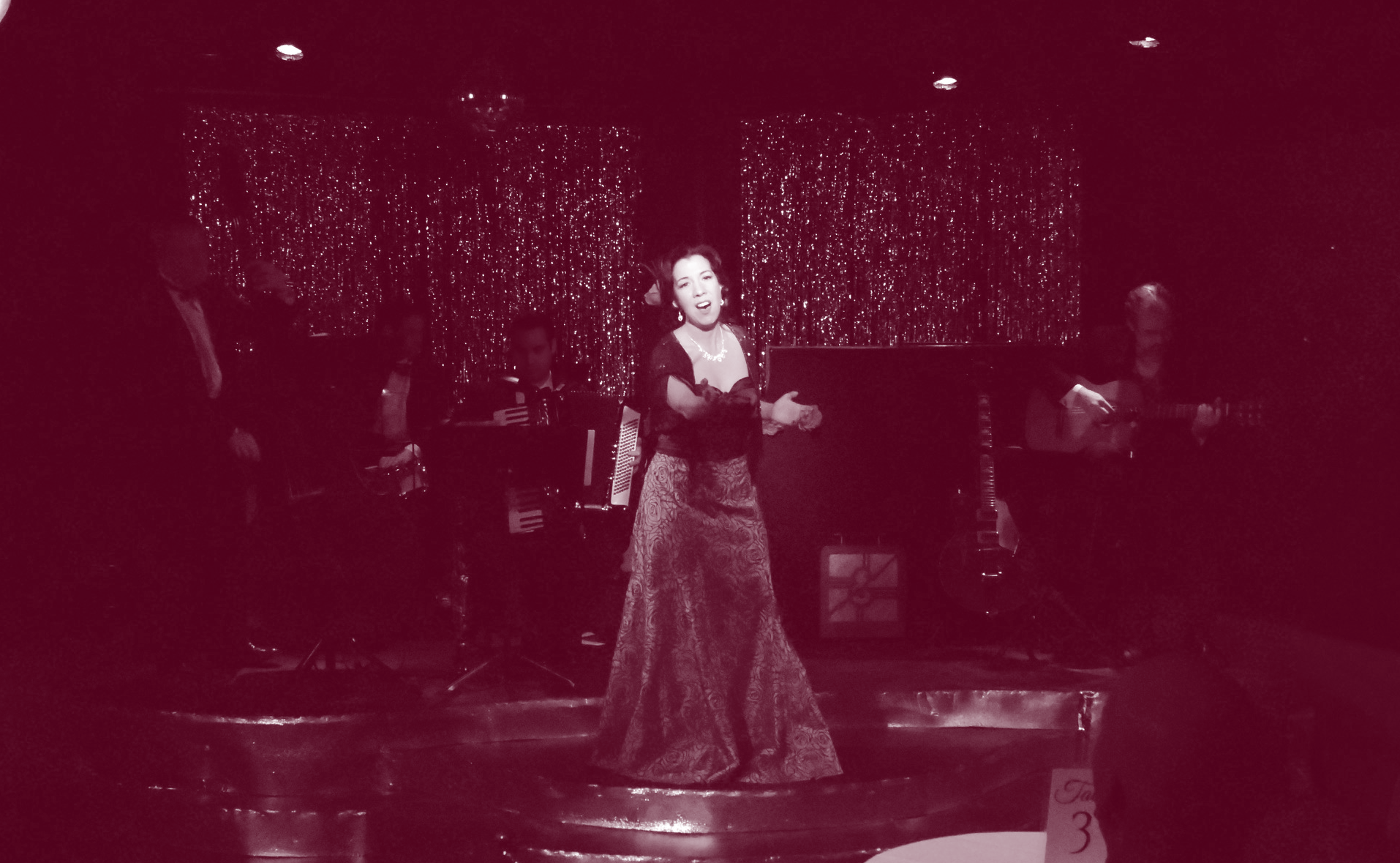A woman sings on stage in an elegant gown with a live band.
