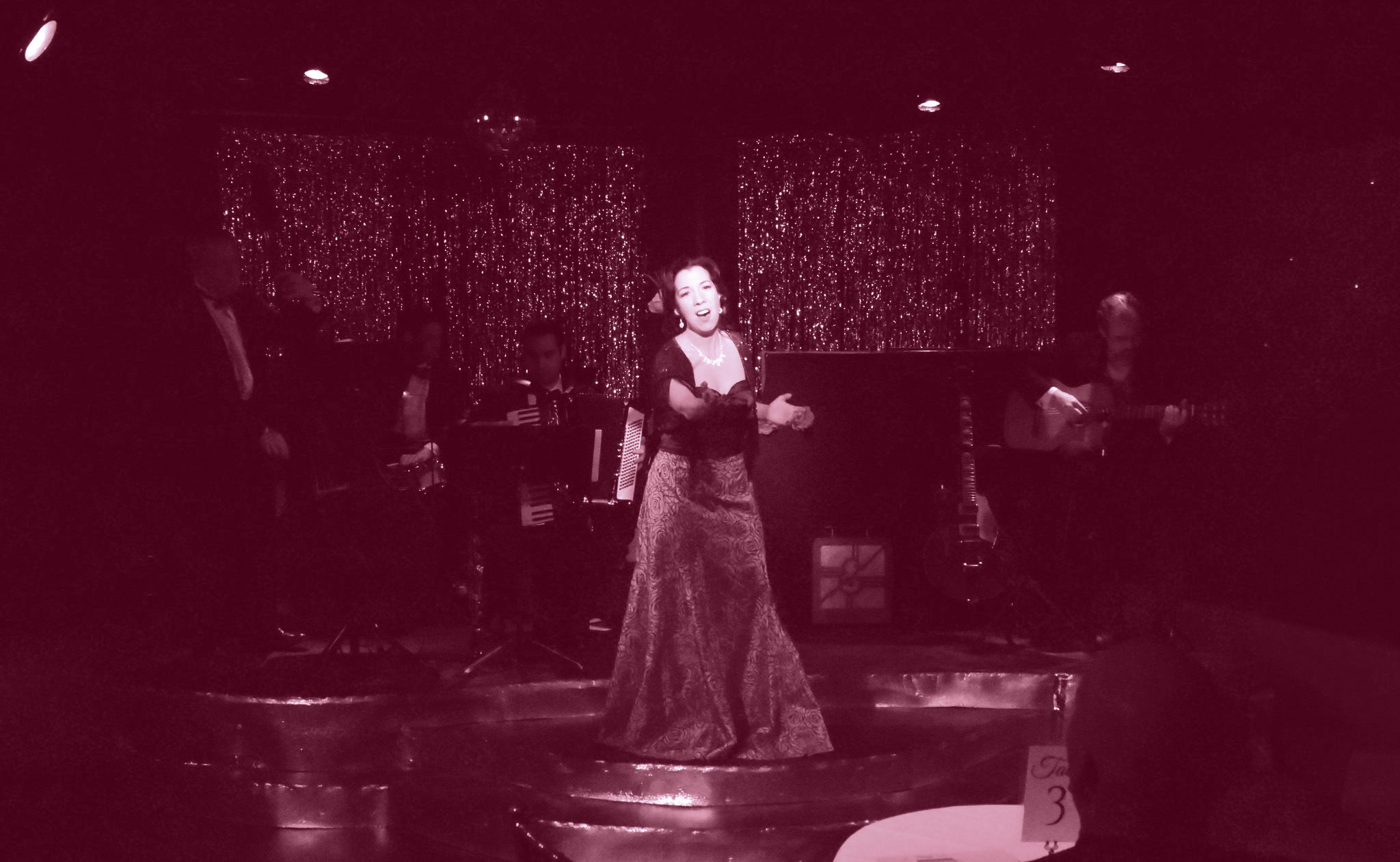 A woman passionately singing on stage in an elegant gown.
